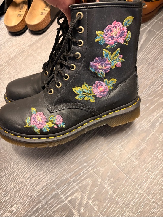Dr. Martens Shoes - Dr. Martens Black Leather Combat Boots with Pink Floral Embroidery